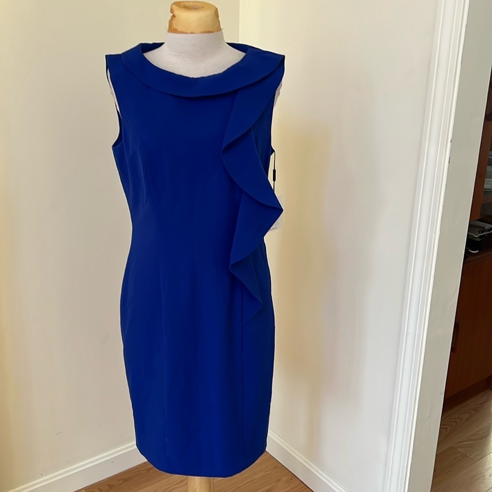 New! Calvin Klein women’s SZ 10 cobalt blue boat neck ruffled dress.